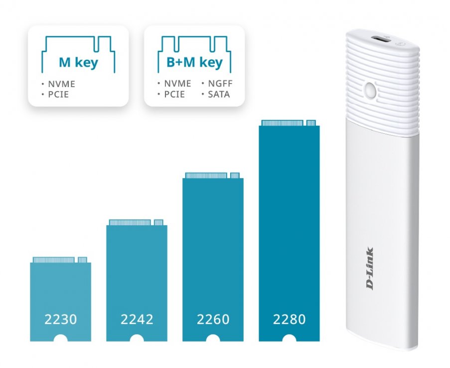 Imagine Rack extern USB-C 10 GBps la M.2 NVMe SSD Alb, D-LINK DSP-111